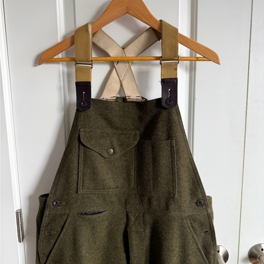 Filson Olive Green Wool Overalls with Adjustable Straps